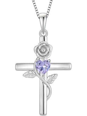 Women’s Light Purple Sterling Silver Crucifix Flower Cross Birthstone Necklace